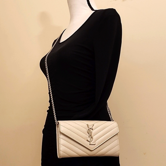 YSL Cloud Gray Caviar Flap Crossbody Large Purse Clutch WOC + Box - Picture 14 of 16